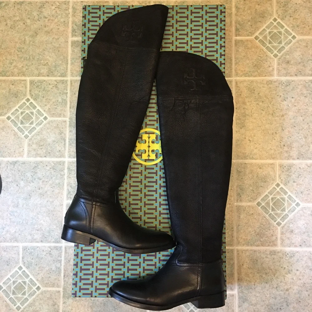 Tory Burch Black Over-The-Knee Leather Riding Boots with Embossed Logo